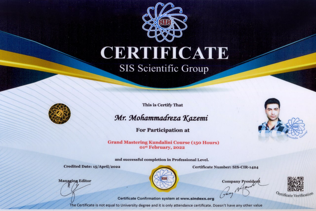 گواهینامه دوره گرند مستری کندالینی محمدرضا کاظمی از SIS Scientific Group